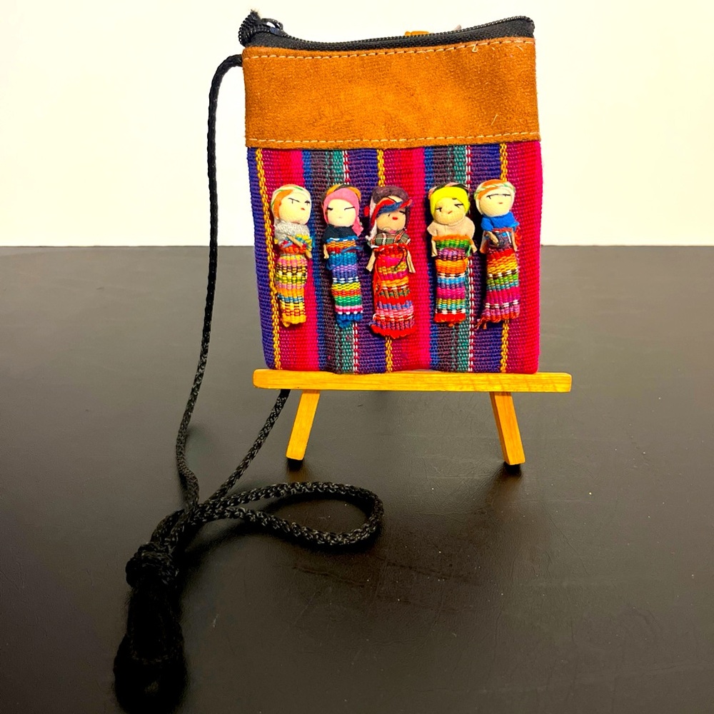 Guatemalan Folk Art Small Zip Crossbody Bag with Worry Dolls Attached Colorful